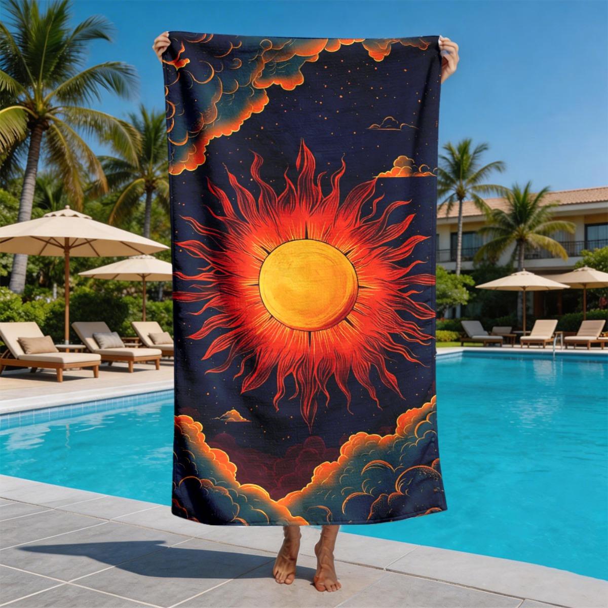 

Intense Sun Totem Design polyester microfiber beach towel is highly absorbent, suitable for swimming and beach outings W30*H60(CM)
