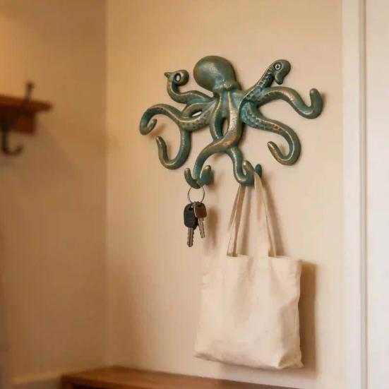 Gancho Decorativo para Abrigos de Pulpo de Hierro Fundido, Colgador de Metal Rústico para Ropa en Pared, Portarrollos para Toallas de Mano Náutico para Dormitorio Baño Cocina