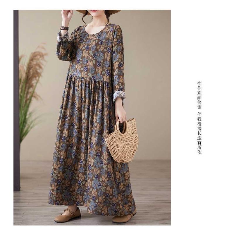 Printed Round Neck Loose Plus Size Long Sleeve Plus Cover Up Dresses
