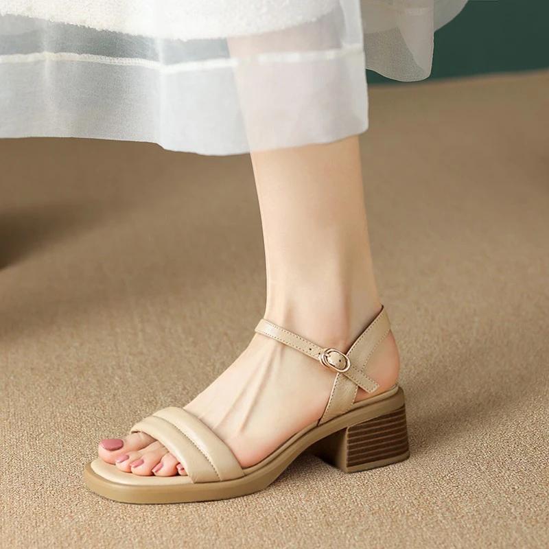 Sandalias de punta cuadrada para mujer, zapatos de tacón medio grueso, Punta abierta, cómodos, combinan con todo, moda, verano,