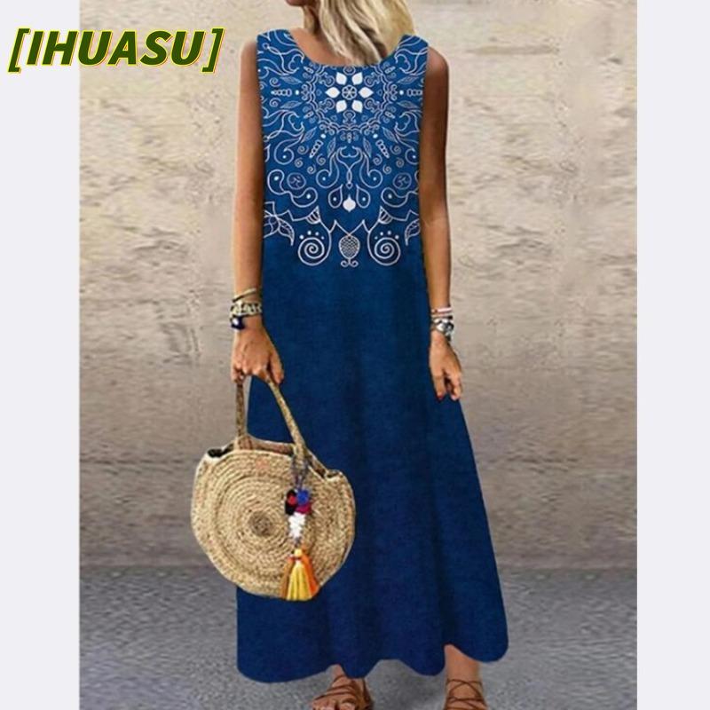 IHUASU Fashion Summer Spring Sleeveless O-Neck Casual Dresses