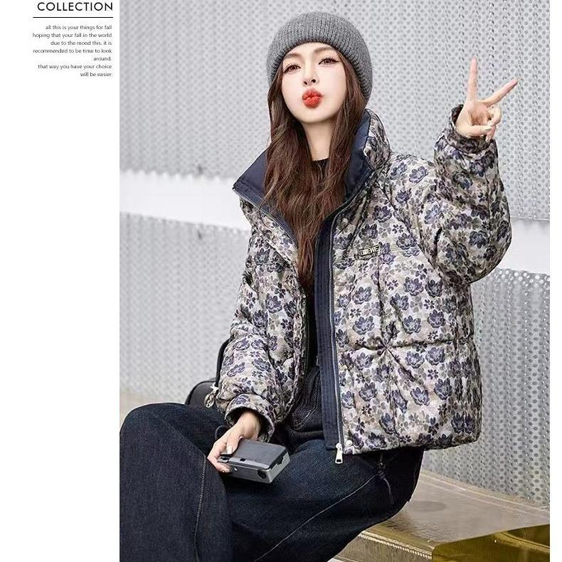 Winter Cotton Jacket Short Padded Coat Stand Collar Loose Streetwear Printed Fashion Outwear