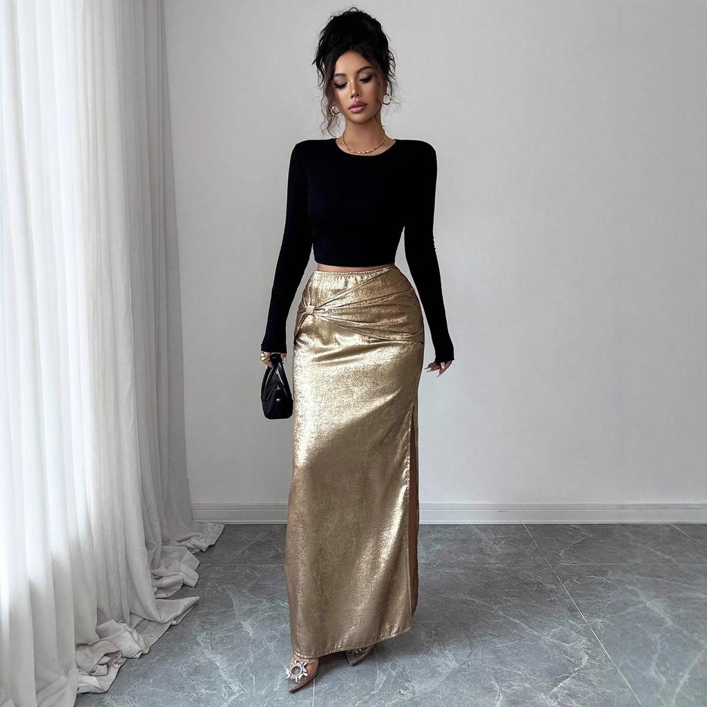 2025 Autumn and Winter New Metal Decorated Pleated Hip Covering Slit Design Slimming Skirt