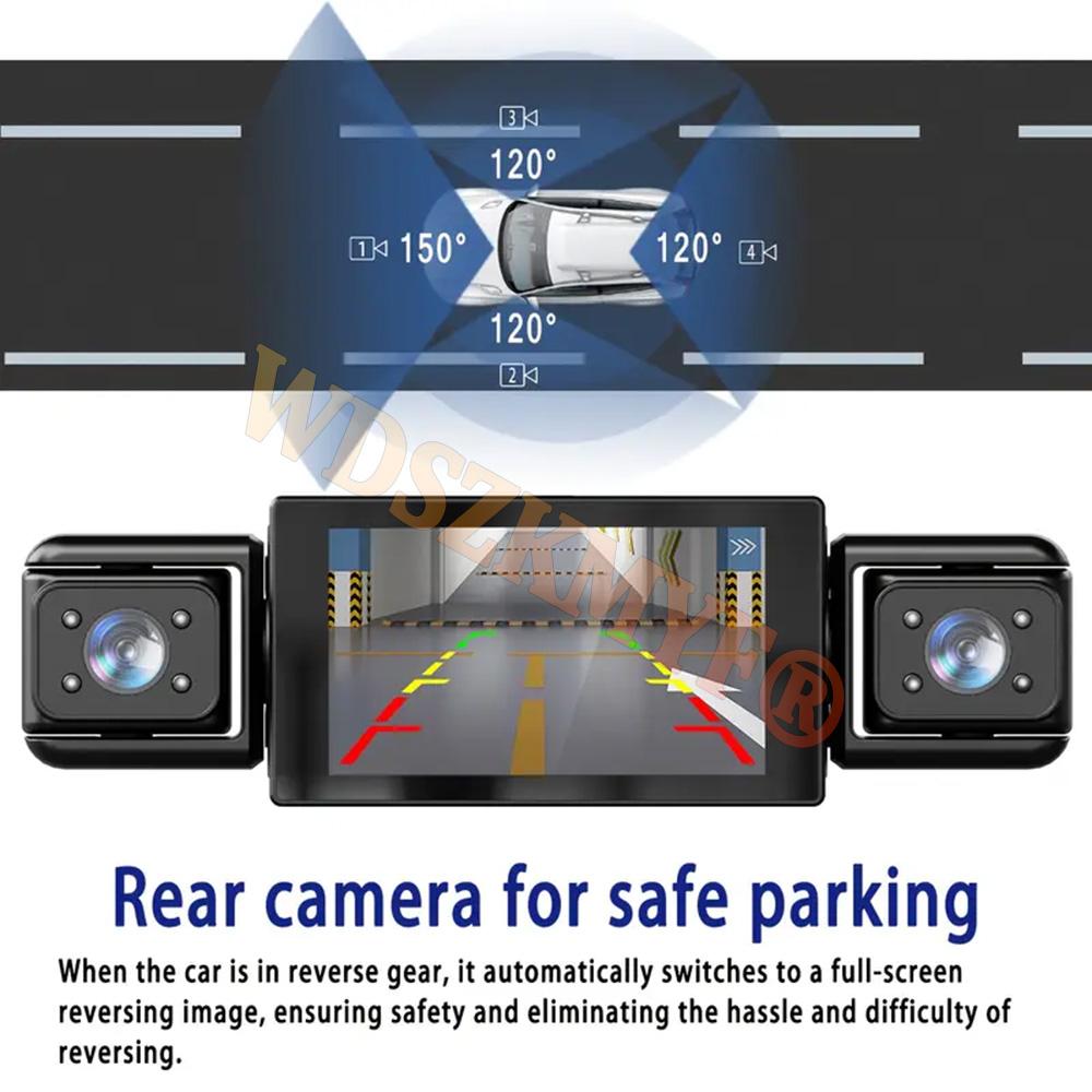 360° Car Dash Cam 4 Channels Video Recorder 1080P Car DVR 3 lens Front and Rear View Night Vision Black Box Car Accessories