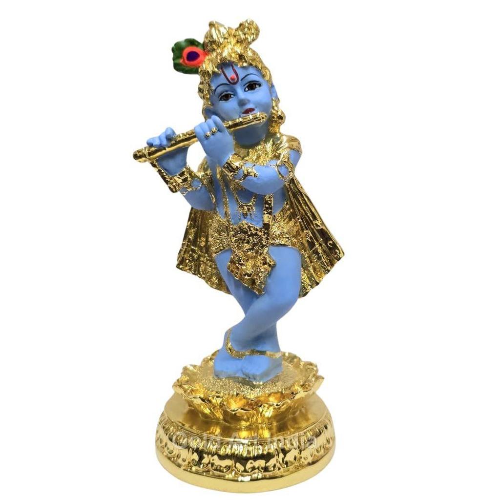 India Lord Krishna Idol | Gold Plated Krishna Statue | Standing Krishna Playing Basuri | Krishna ji for Pooja & Gifting |