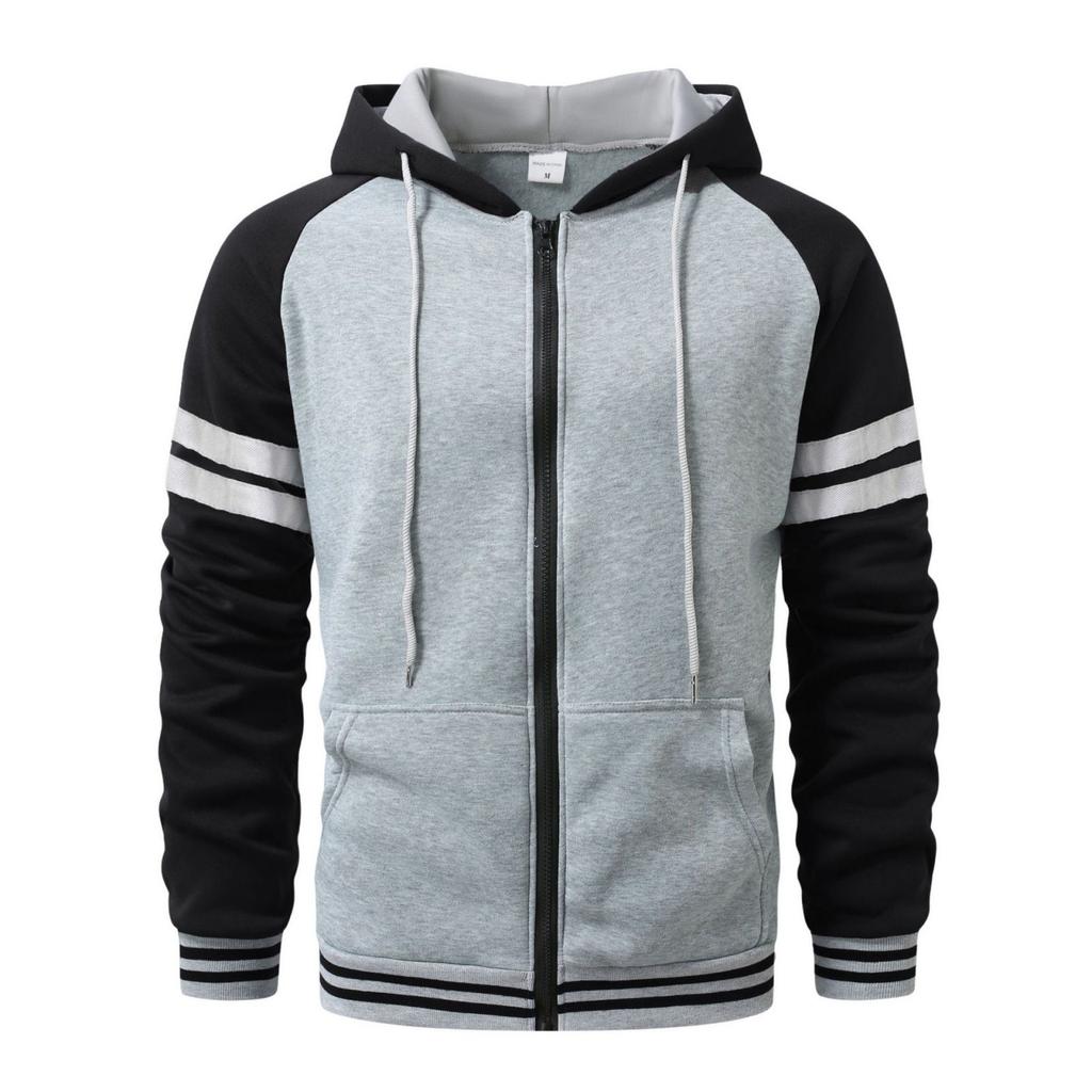 Mens Full Zip Hoodies Striped Color Block Casual Hooded Sweatshirts With Pockets Fashion Patchwork Jackets Outwear