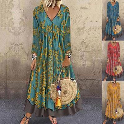 Nieuwe Mode Dames Herfst en Winter Retro Print Jurk Ronde Hals Casual Jurk Lange Mouw 3/4 Mouw Losse Jurk Plus Size
