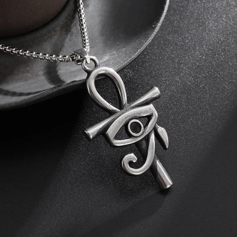 Vintage Stainless Steel Ancient Egyptian Ankh Cross Eye of Horus Pendant Necklace Pharaoh Amulet Jewelry for Men
