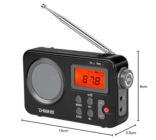 ZHIWHIS Portable Compact Radio, High Sensitivity, FM/AM/Shortwave/Wide FM Support, Battery Operated or USB Powered, Timer, Digital Clock, Alarm Clock,