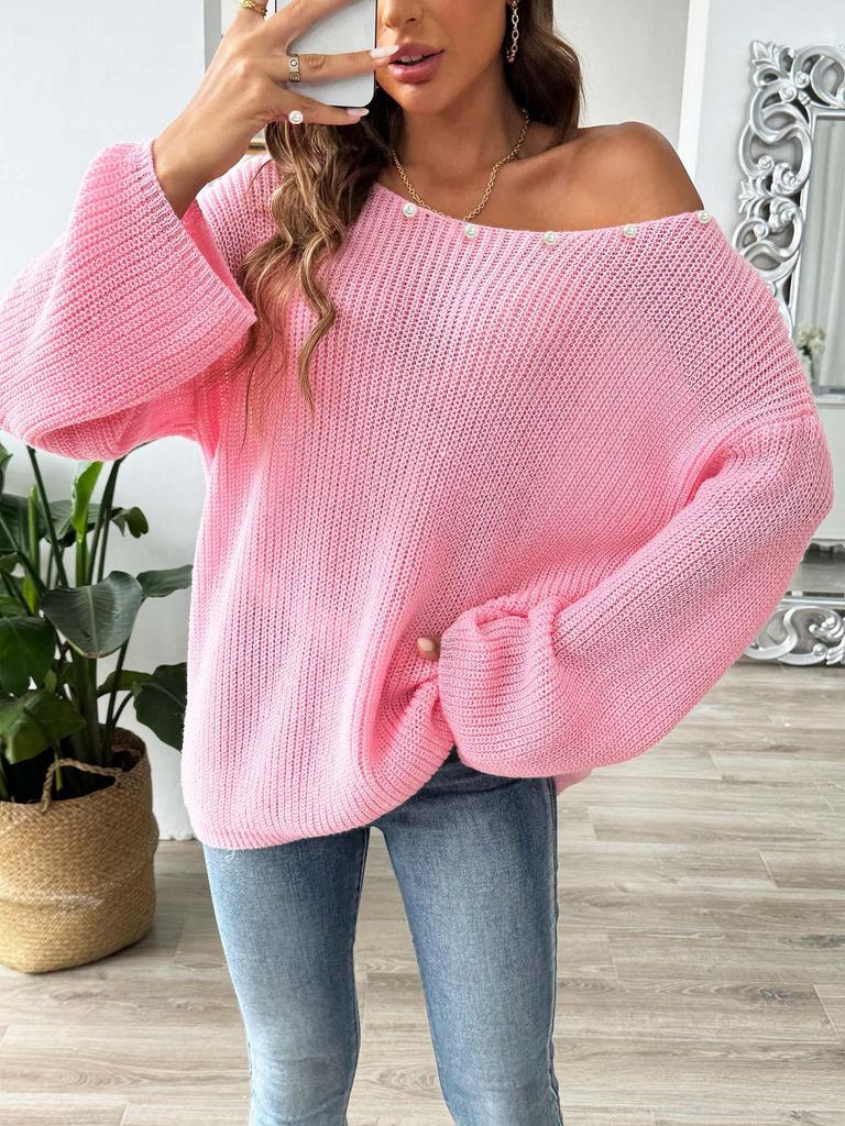 Women's Beaded Bell Sleeve Knit Pullover – One-Shoulder, Loose Fit European & American Style Sweater