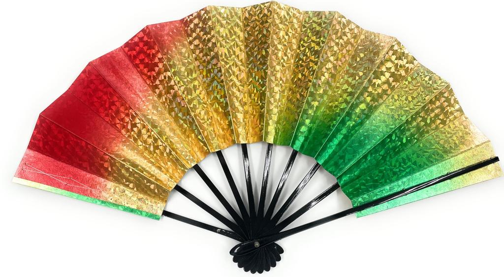 Asakusa Kimono Market: Dance Fan, Red/Gold/Green Holographic Foil Fan, Black Lacquer, 9.5 Inches [Made In Japan], Kyoto Style, Fan, Practice, Stage
