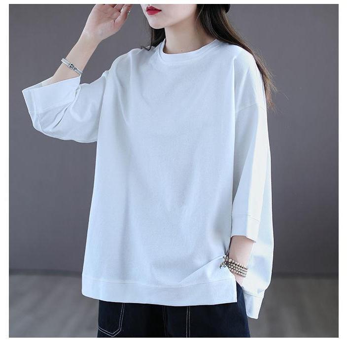 Cotton Seven Quarter Sleeved T-shirt for Women's Short Sleeved Summer 2025 New Loose Base Shirt with Solid Color Inside To Make You Look Slimmer