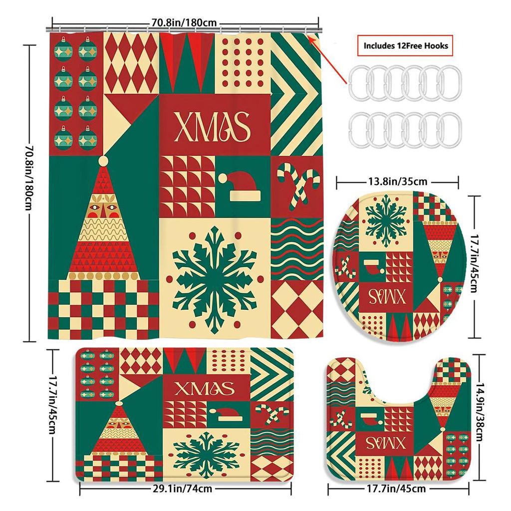 Christmas Merry Christmas 4pcs Winter Decoration Shower Curtain Set with 12 Hooks, Waterproof Shower Curtain, Non-Slip Bath Ma