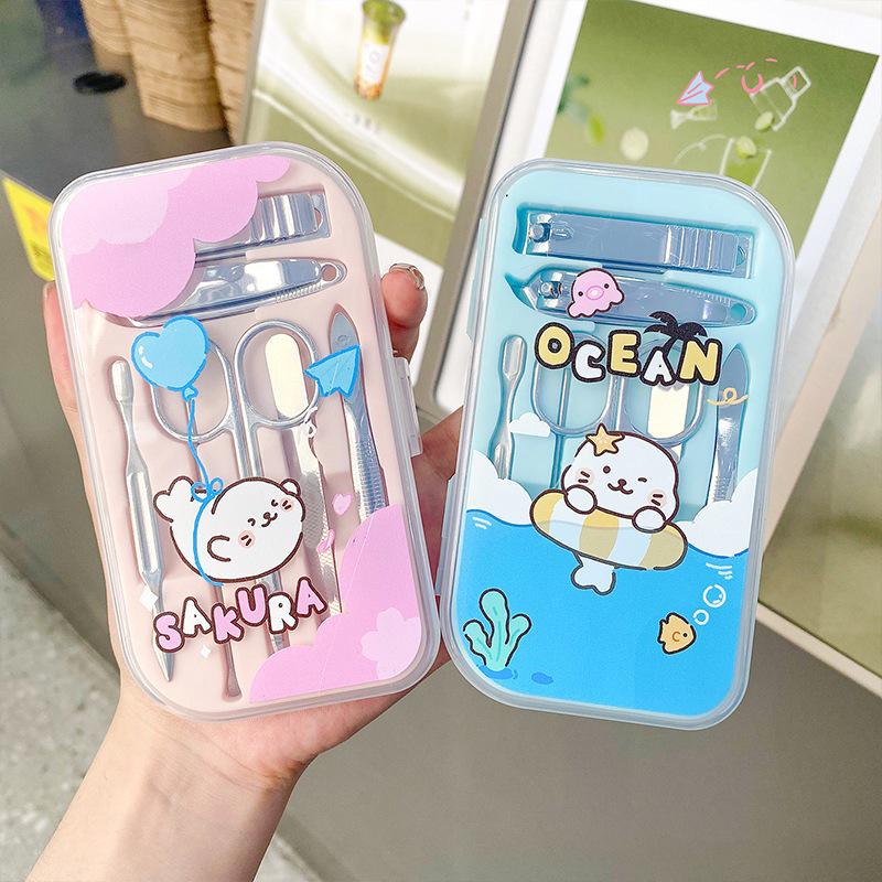 PP Box Cute Cartoon Manicure Set, Stainless Steel Nail Clippers, 7-Piece Kit for Girls