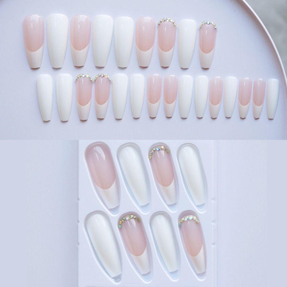 

Маникюр Full Cover Носимый пресс на ногтях Длинные французские бриллианты Накладные ногти Балерина