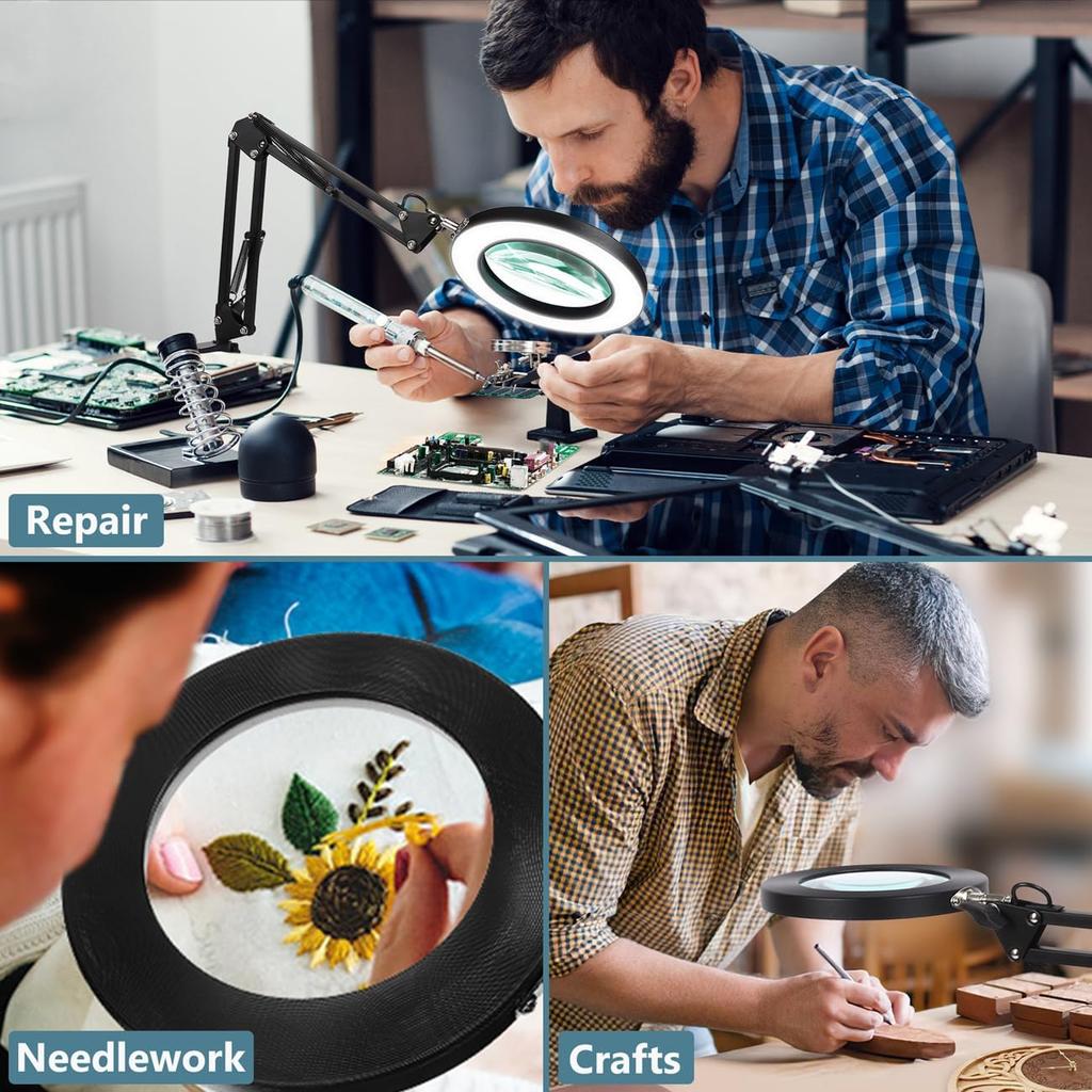10X Magnifying Glass with Light and Clamp, Veemagni 3 Color Modes Stepless Dimmable Real Glass LED Lighted Magnifier, Adjustable Swing Arm Desk Lamp