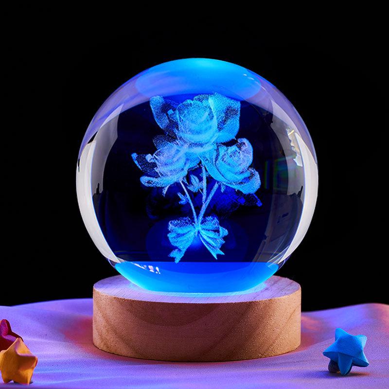 Crystal Ball Night Light with Three Rose Stickers – Elegant Desktop Ornament & Birthday Gift for Girls, Friends, or Boyfriend