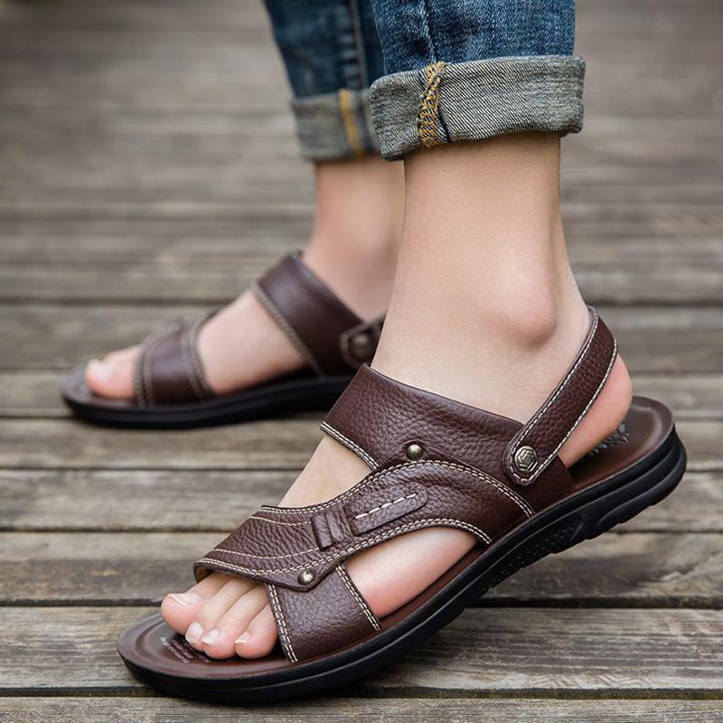 Sandali in pelle di mucca, sandali da uomo in vera pelle, sandali estivi traspiranti, scarpe da spiaggia antiscivolo, sandali per uomo