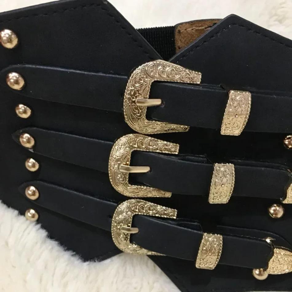 1 Pcs Fashion Women Wide Belt New Metal Buckle Elastic Waistband Leather Rivet Ultra for Stretch Thick Waist Dress