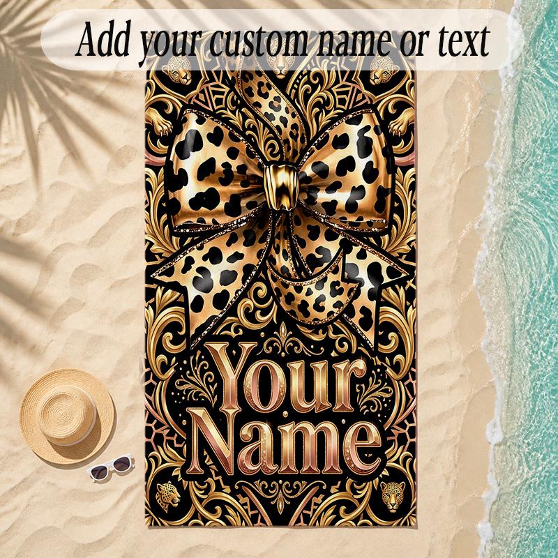 Leopard Theme Soft Beach Towel Personalized Custom Name Text Towel Portable for Beach Pool Travel