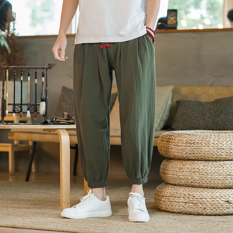 2023 Summer Japanese Plus Size Men's Cotton Linen Joggers Loose Casual Nine-Point Pants