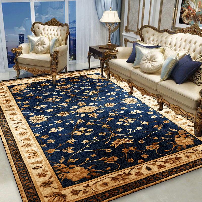 European Gold Floral Carpet Living Room Blue Decoration Sofa Area Rugs Non-slip Home Bedroom Cloakroom Soft Floor Mat Washable