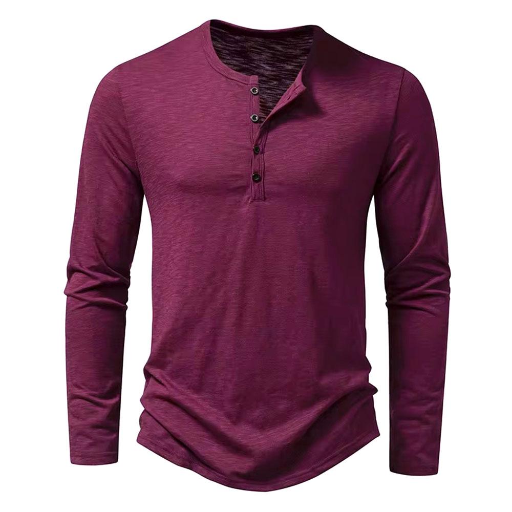 Autumn New Men'S Cotton Button Long Sleeve  Henley Neck T-Shirt Casual Solid Color Breathable Versatile Fashion Slim T-Shirts