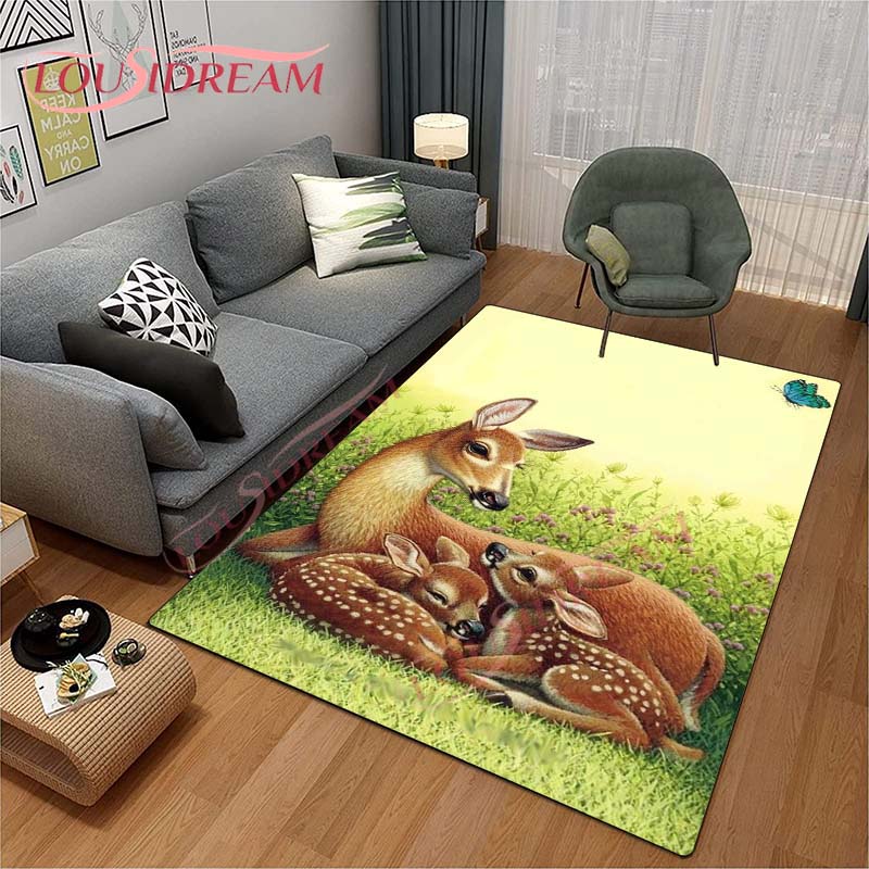 3D Cartoon Deer Rug Wildlife Mountain Landscape with Forest Carpet for Home Living Room Elk Carpet for Laundry Kids Play Carpets