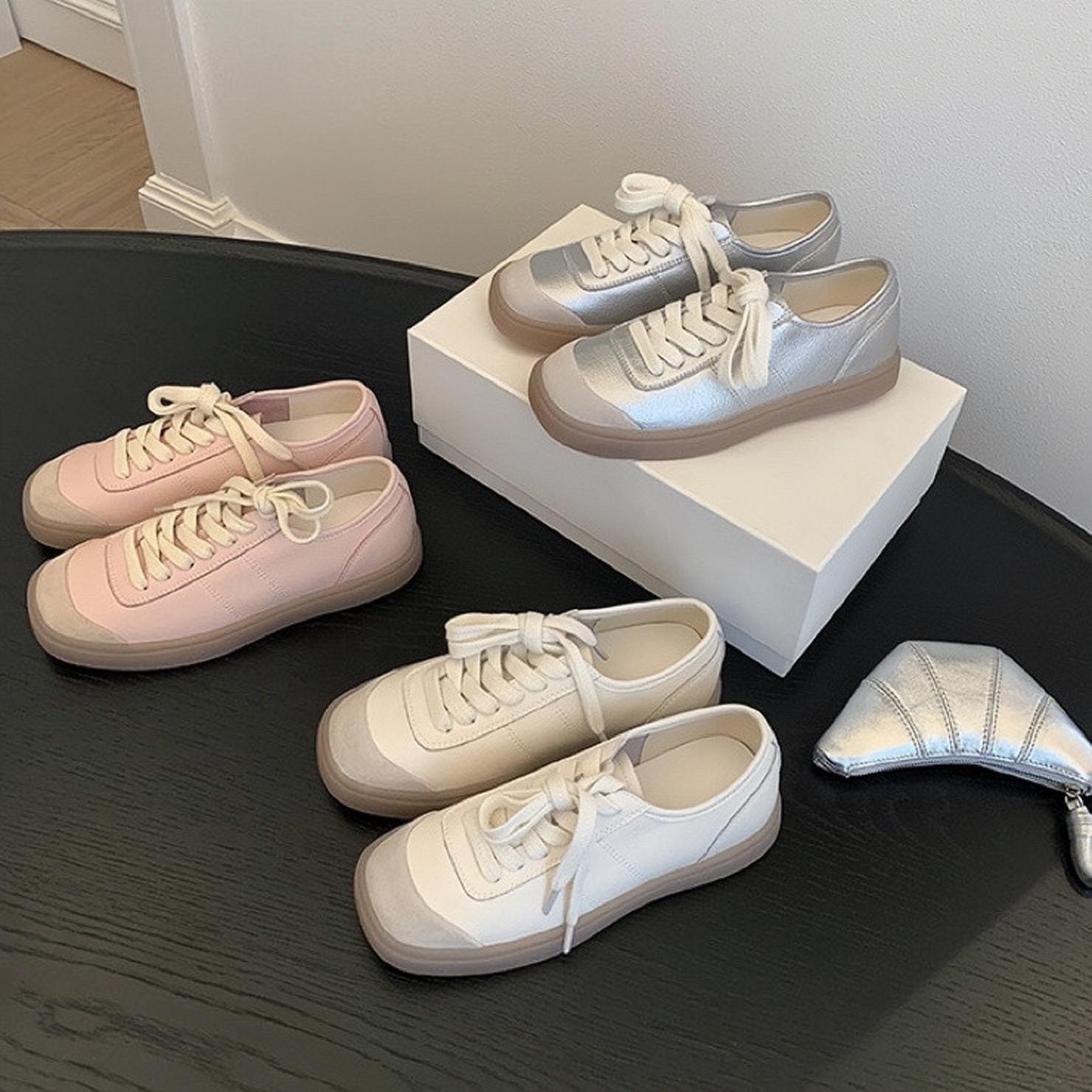 

Cowhide version~ Su Yinyin same Korean retro lace-up splicing casual sports shoes women s board shoes platform white shoes 40