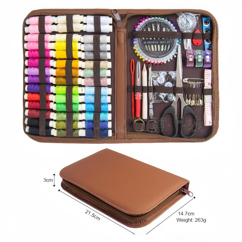 Kit da cucito rettangolare marrone da 170 pezzi, set da cucito per la casa con motivo stampato, set da cucito portatile da viaggio, attrezzi manuali fai-da-te