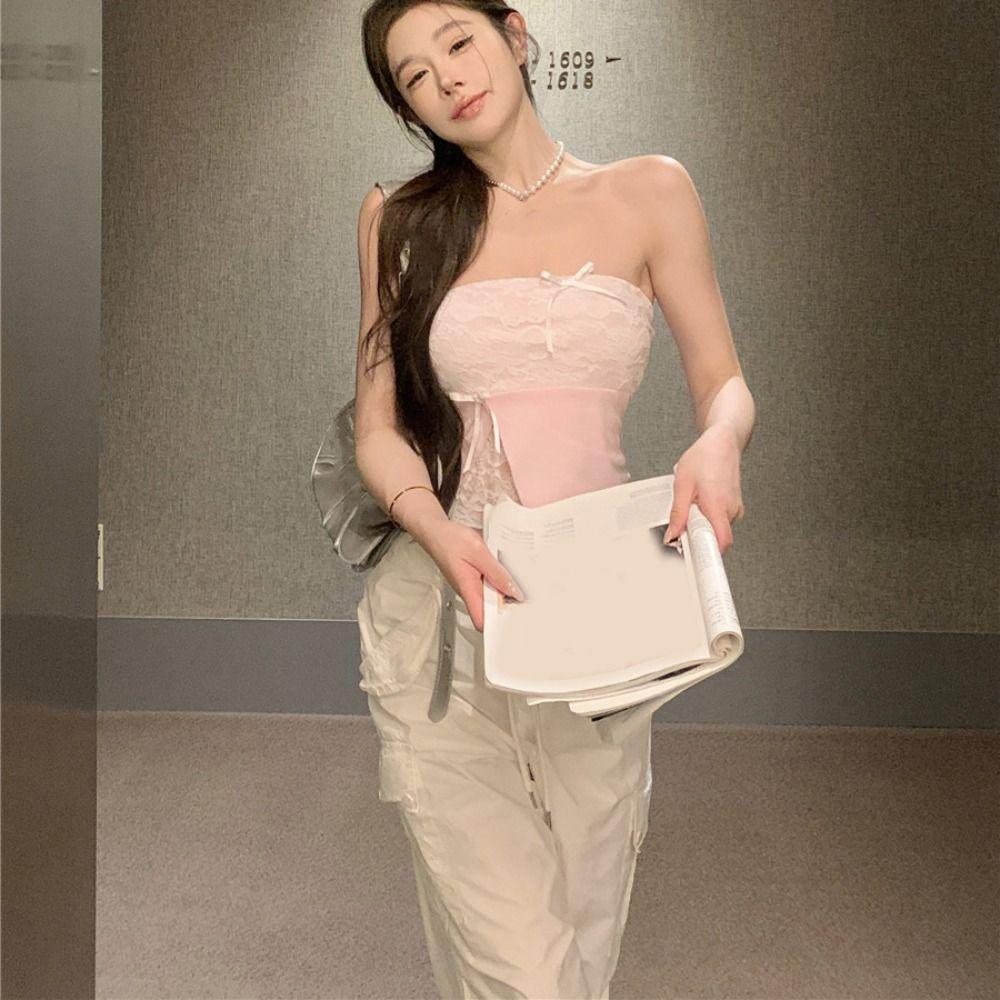 Mesh Flower Sweet Lace Vest Fake Two Pieces Sleeveless Crop Top Women Camisole  Women