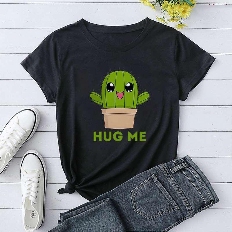 

Funny Cactus Hug Me Print T-shirts For Women Summer Round Neck Unisex Tee Shirt Femme Fashion Casual T-shirts 4XL