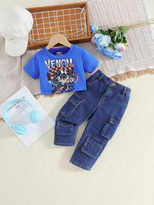 2025 Frühling/Herbst Mädchen Cartoon T-Shirt & Denim Workwear Hosen Set