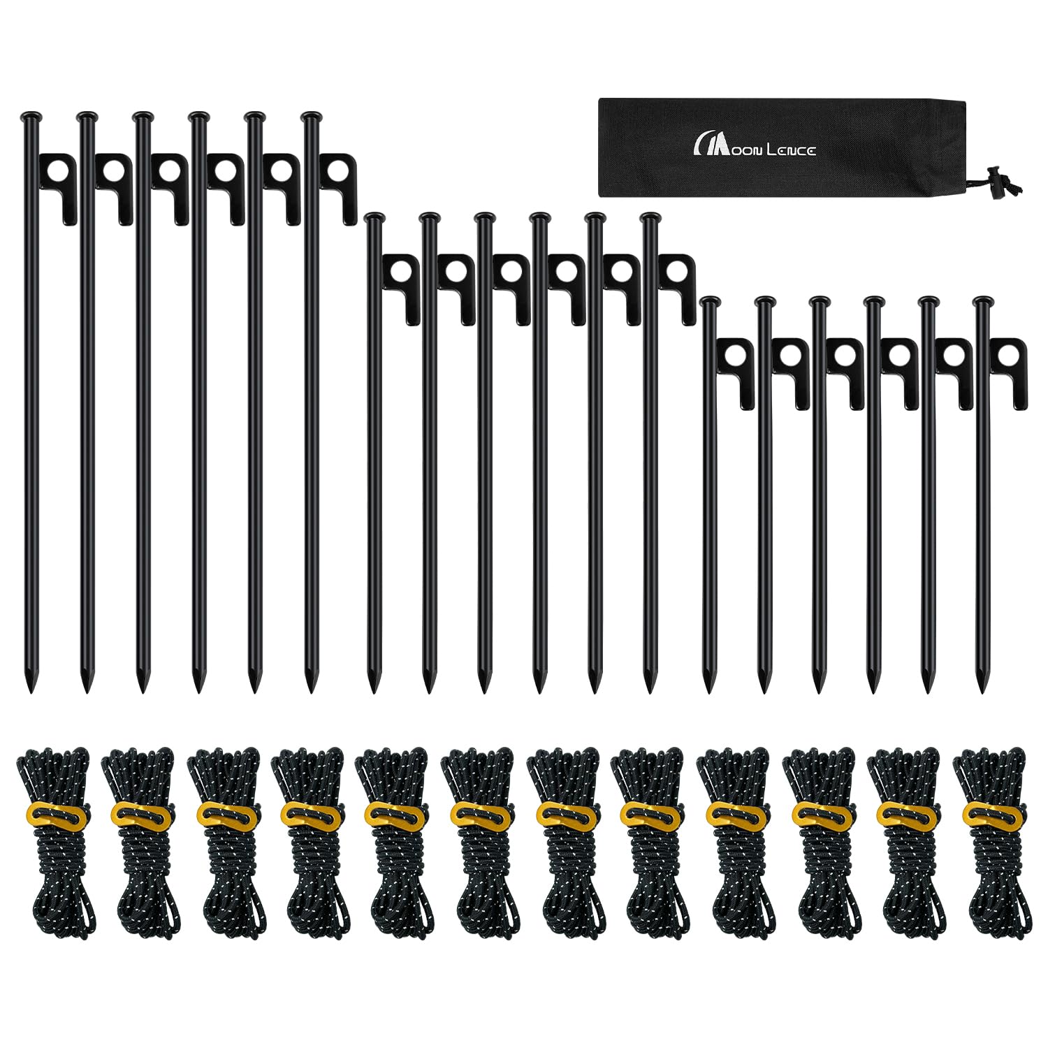 

MOON LENCE Set of 6 Each and 12 Tent Tent Guy Pitching for Hard and Includes Dedicated Storage Bag Pegs, (20cm, 25cm, 30cm) + Ropes, Forged,