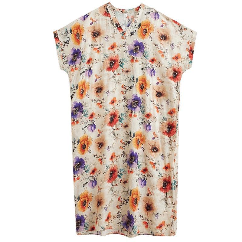 Summer v-neck thin cotton and linen large size loose literary holiday wind beach skirt retro meat-covering long robe