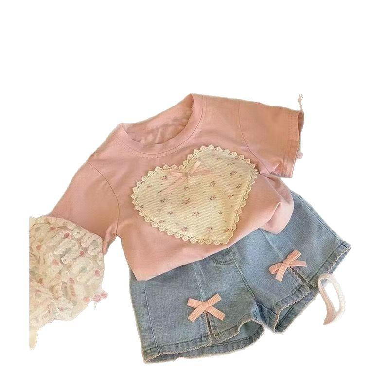 Girls Summer Fashion Set Pink Bow Short Sleeve Top And Denim Shorts Two Piece Outfit For Kids Casual Trendy Clothing