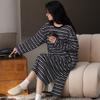 Long-Sleeved Nightgown With Chest Pad Women'S Autumn And Winter Pajamas German Velvet Heating And Grinding Round Neck Striped Loungewear Loose Long