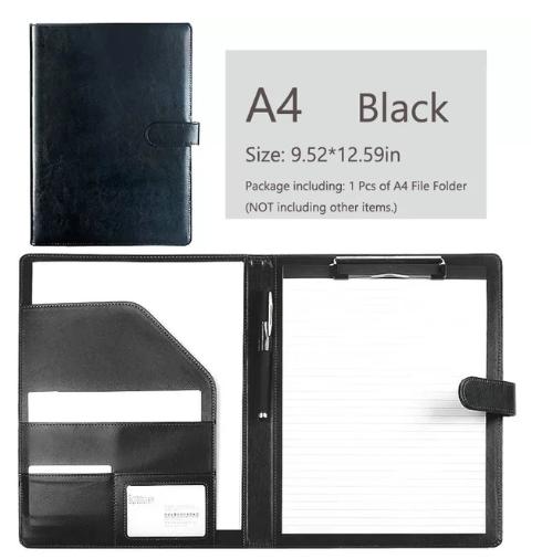

Черный кожаный блокнот формата А4, папка для файлов, буфер обмена, органайзер для документов, зажим для деловых встреч, блокнот для письма для офиса