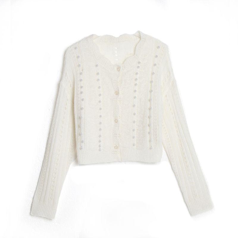 Damen Sommer Dünne Weiße Strickjacke Robuste Perlenbesetzte Aushöhlungen Design Camisole Kleid Äußere Überdeckung