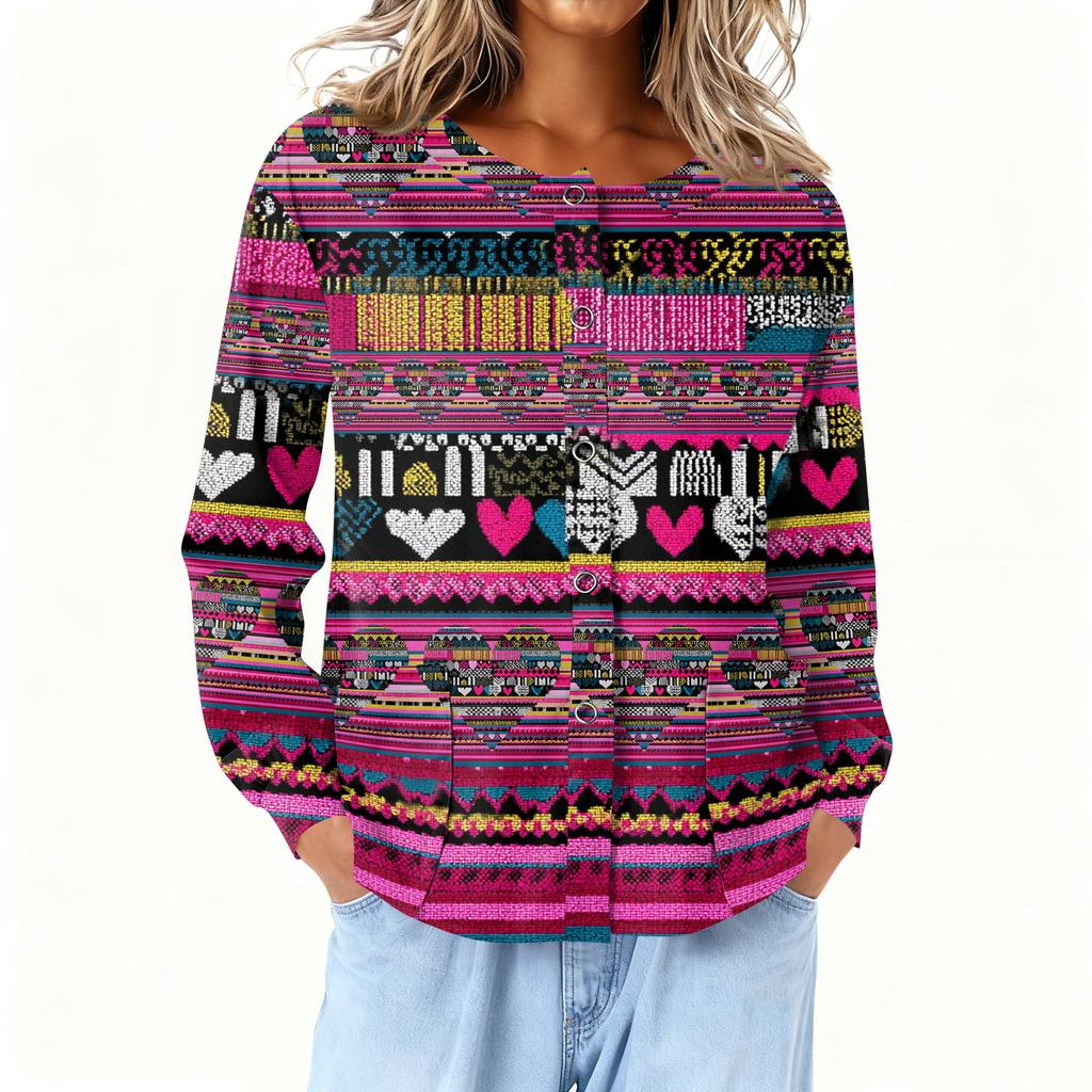 Women Long Sleeve Printed Pocket Working Stand Collar Single-breasted Protective Overalls Cardigan Jacket Top