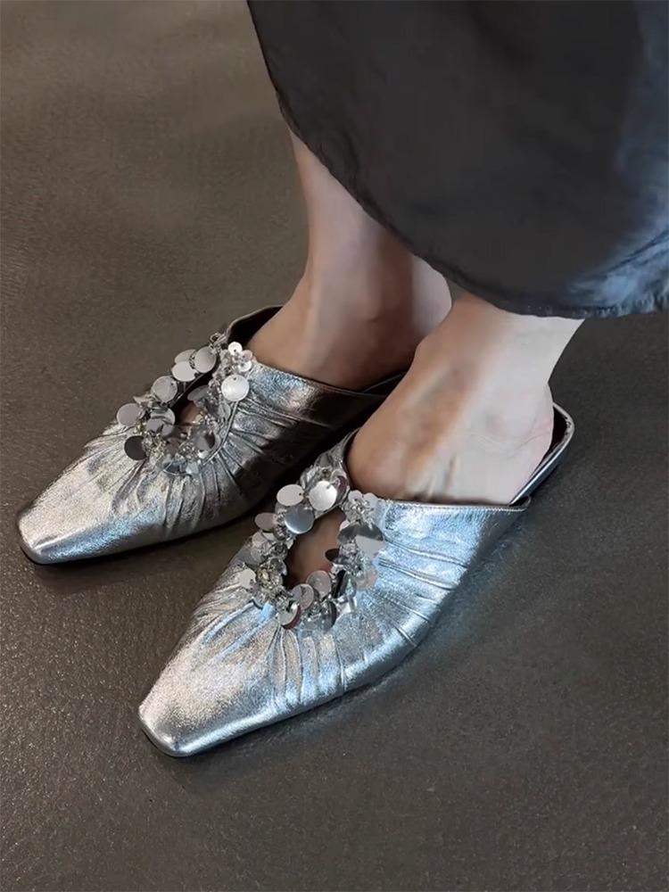 Sheepskin Version~ French Square Head Sequined Cool Slippers One Pedal Heel Temperament Silver Bag Head Half Slippers Women