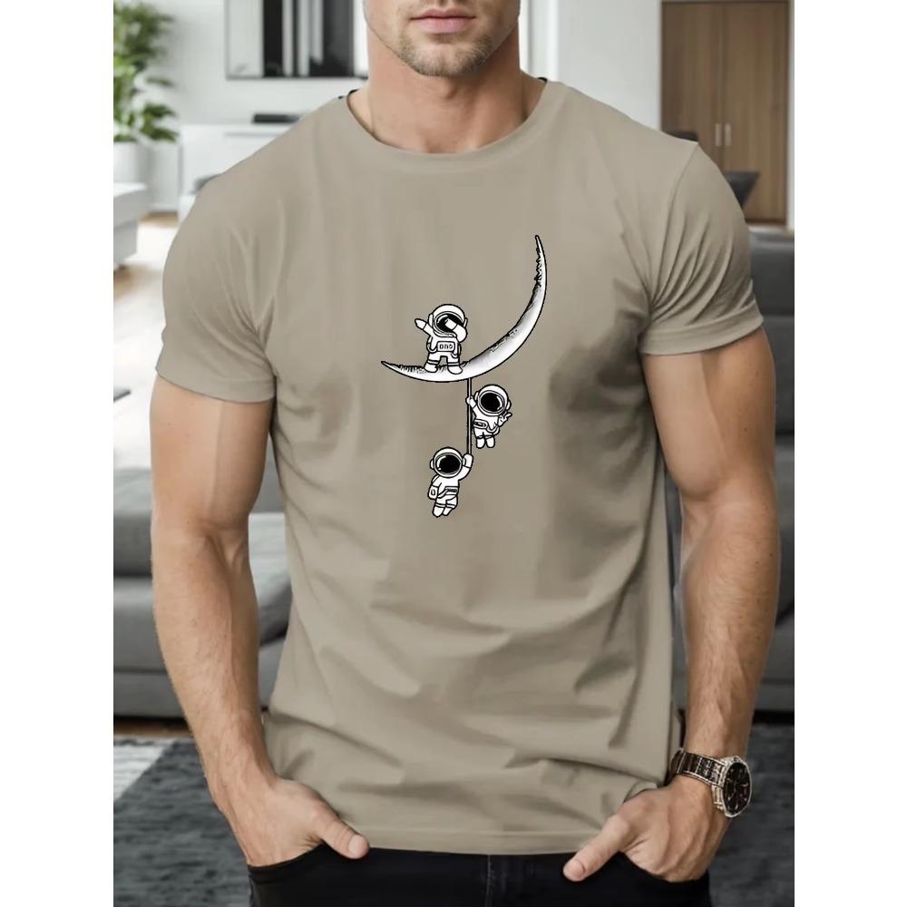 Astronauts On The Moon Print T Shirt, Tees For Men, Casual Short Sleeve T-shirt For Summer