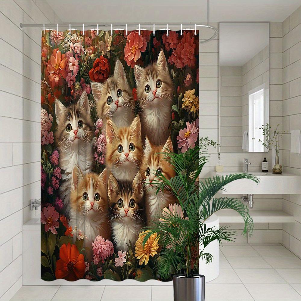 1pc Shower Curtain - Adorable Kittens and Vibrant Flowers Design for a Cozy Bathroom Waterproof