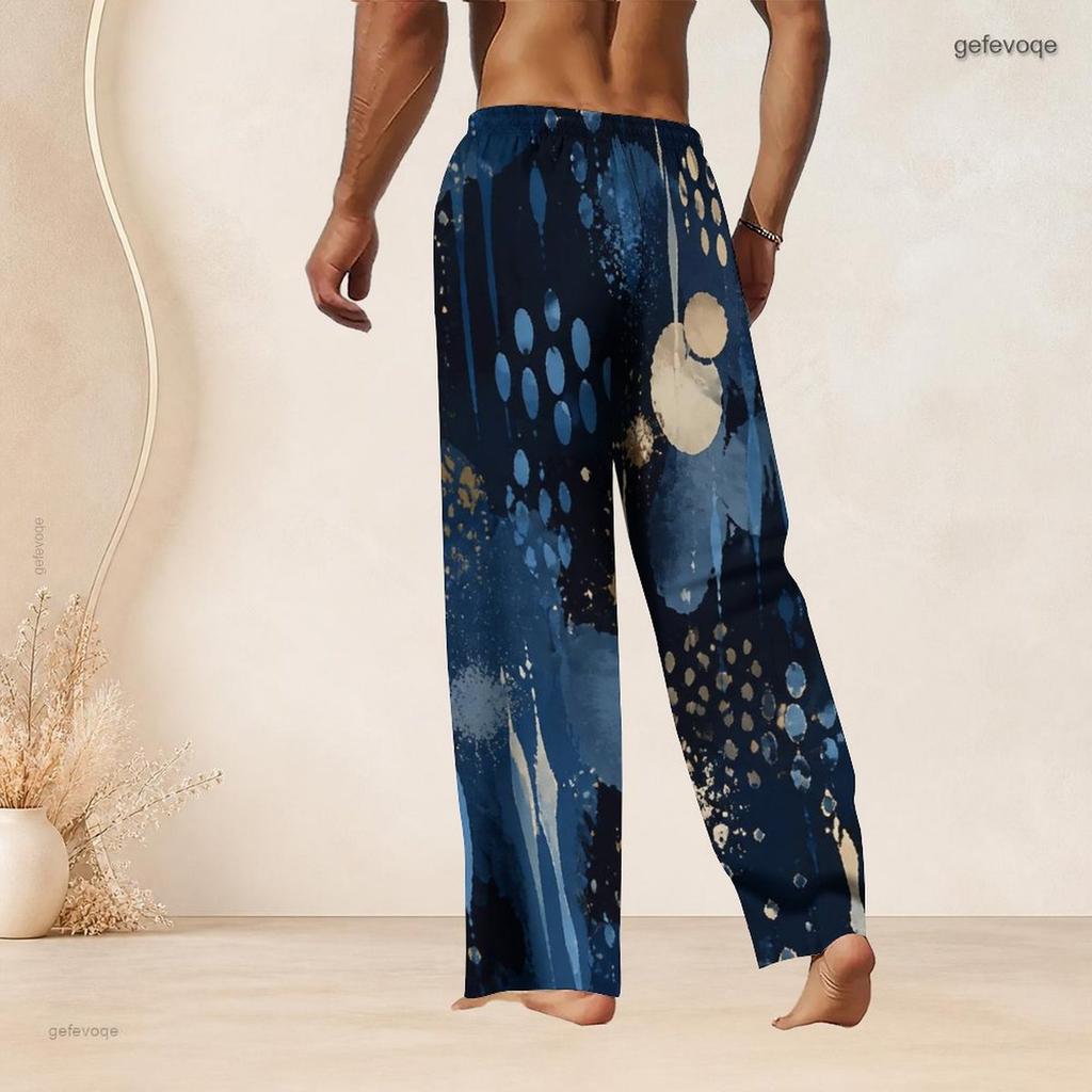 Men S Plus Size Navy Blue Printed Drawstring Waist Straight Leg Beach Pants With Pockets