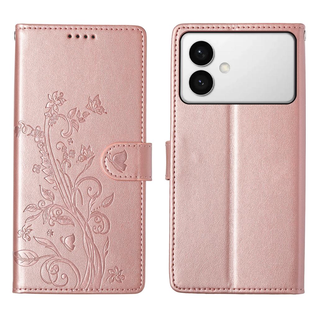 For Samsung Galaxy S26 Edge Wallet Case Butterfly Floral Imprint PU Leather Phone Cover with Wrist Strap