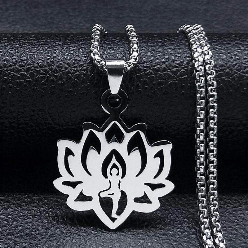 Hippie Stainless Steel Yoga Lotus Necklace Chain Women/Men Silver Color Chakra Symbol Flower Necklaces Jewelry Collar N7067S02