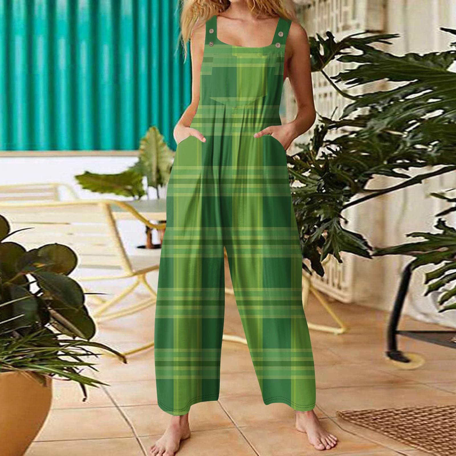 

Женская мода ул.. Повседневный свободный ретро-комбинезон с подтяжками и принтом ко Дню Святого Патрика M