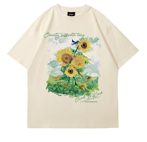 American Retro Sunflower Short-sleeved T-shirt Summer Version for Both Men and Women Loose Fit Trendy Brand with Graffiti Design