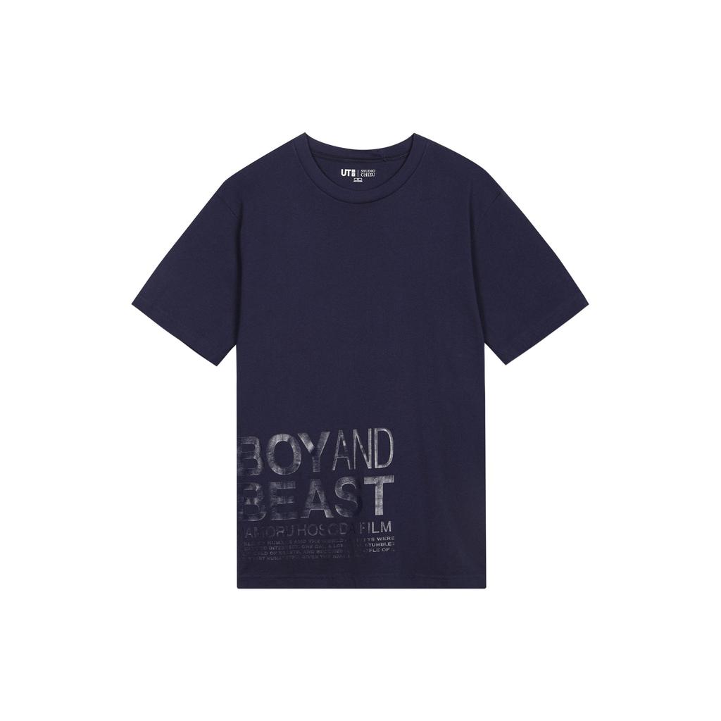 UNIQLO Mamoru Hosoda Animation Works UT Monster Child Letter Print Crew Neck Short Sleeve T-Shirt Unisex Tops Navy-Blue 440688-69