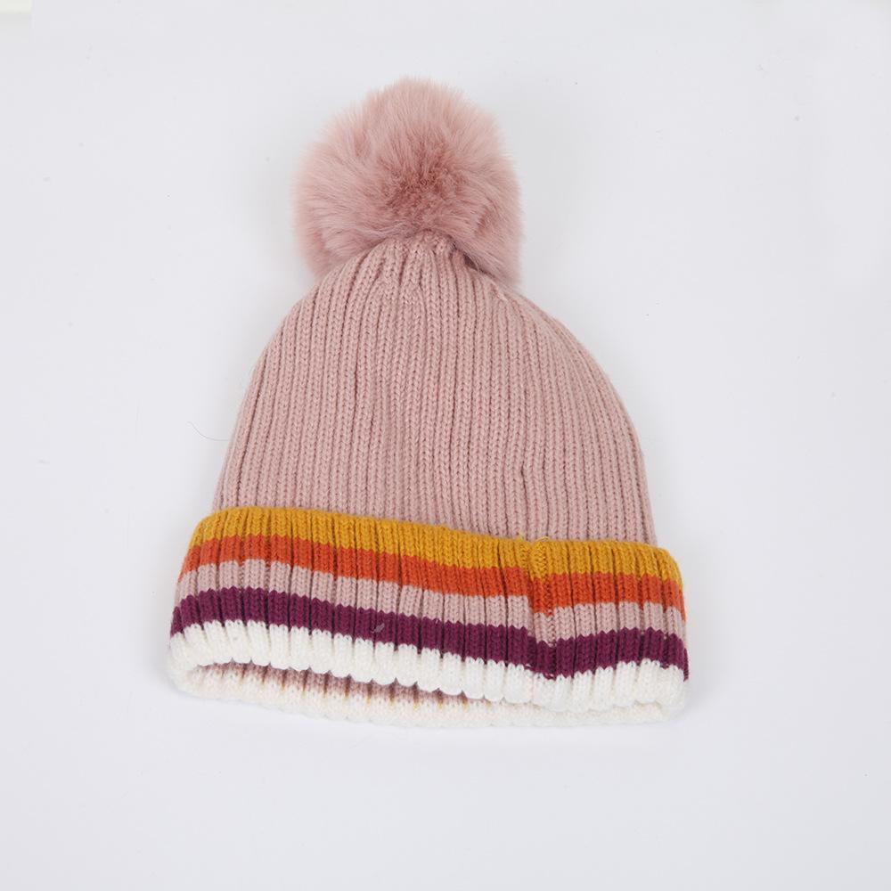 Autumn and winter hairball flanged knitted hat men's and women's color striped edge fashion warm wool hat